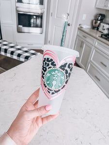 Starbucks Tumbler - Black/Pink Leopard Heart