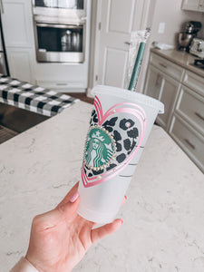 Starbucks Tumbler - Black/Pink Leopard Heart