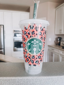 Coral/Blue Leopard Sunflower Starbucks Tumbler