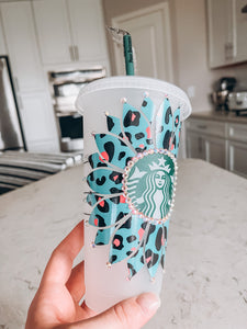 Turquoise Leopard Sunflower Starbucks Tumbler