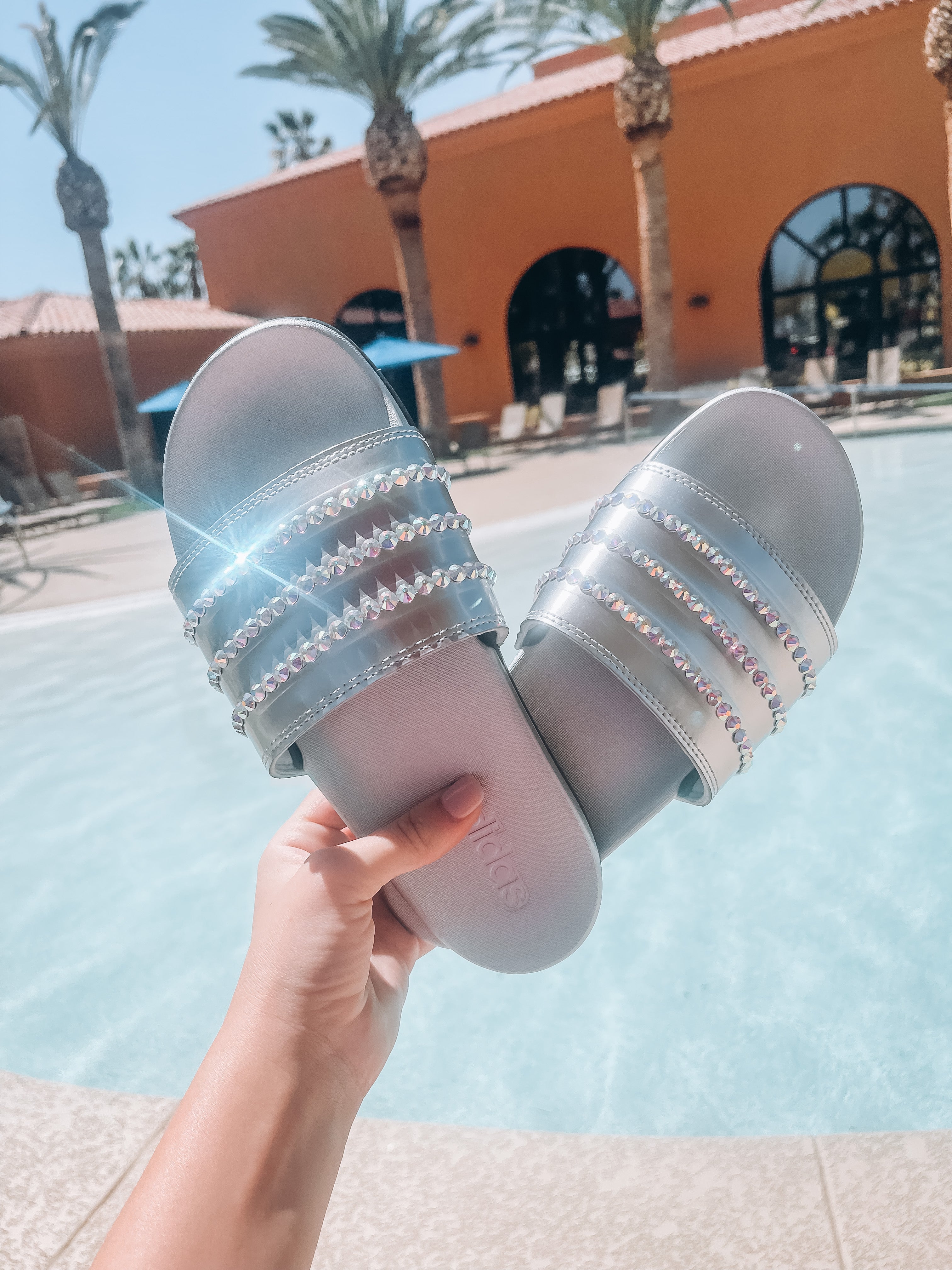 MADE TO ORDER - Bling Adidas Adilette Slides - Silver Metallic