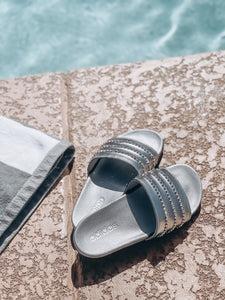 MADE TO ORDER - Bling Adidas Adilette Slides - Silver Metallic